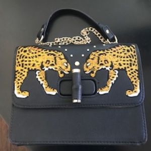 Neiman Marcus Medium Sized Black Embroidered Leopard Bag
